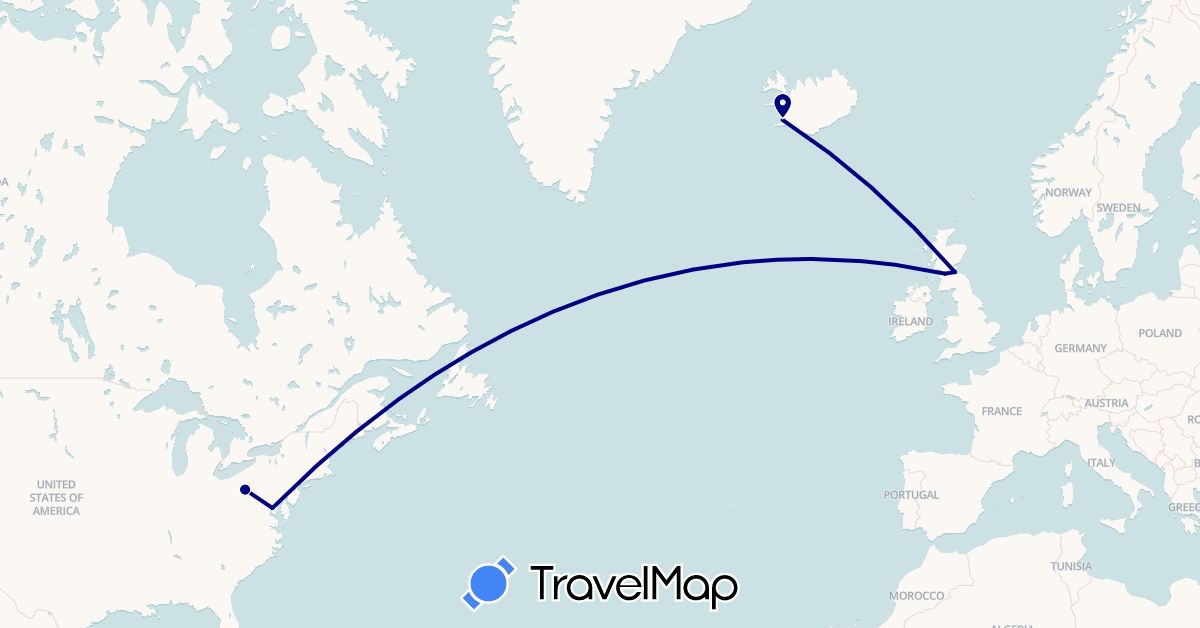 TravelMap itinerary: driving in United Kingdom, Iceland, United States (Europe, North America)